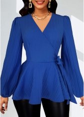 Surplice Royal Blue Long Sleeve V Neck Blouse