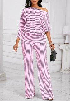 Striped Asymmetry Dark Reddish Purple Long Top and Pants