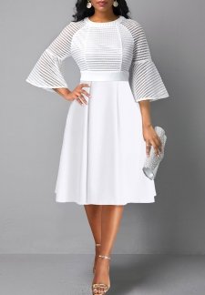 Three Quarter Length Sleeve Mesh White Round Neck Dress