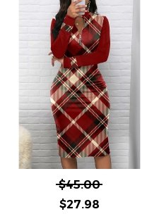 Plaid Zipper Wine Red Long Sleeve Bodycon Dress