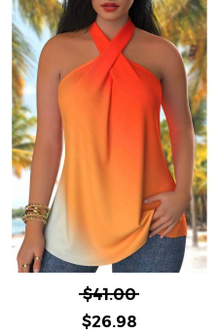 Ombre Criss Cross Orange Sleeveless Shirt Collar Tank Top