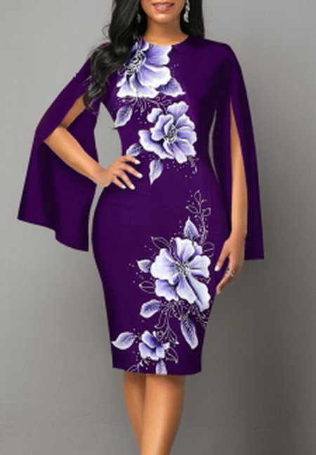 Floral Print Split Purple Long Sleeve Bodycon Dress