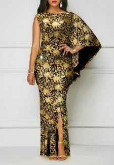 Floral Print Hot Stamping Golden Side Slit Dress