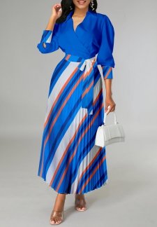 Striped Pleated Belted Royal Blue Cross Collar Dress