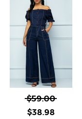 Button Belted Navy Long Off Shoulder Jumpsuit