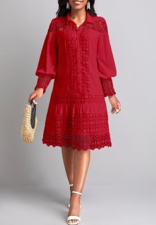 Lace Wine Red Long Sleeve Shirt Collar Shift Dress