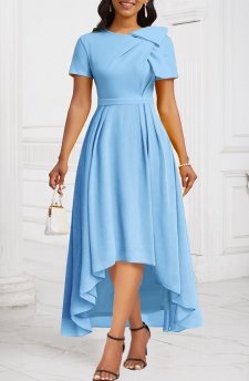 Patchwork Light Blue High Low Short Sleeve Dress