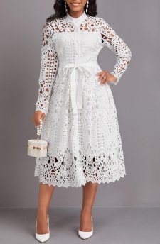 Lace Belted White Stand Collar Long Sleeve Dress