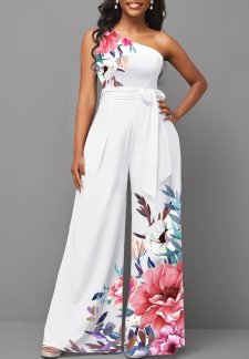 Floral Print Tie Belted White Long One Shoulder Jumpsuit