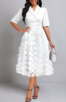 Burn Out Printing Raw White Short Sleeve Lapel Dress