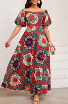 Tribal Print Patchwork Multi Color Maxi Short Sleeve Dress