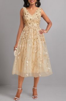 Embroidery Champagne Sleeveless V Neck Dress