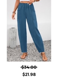 Peacock Blue Elastic Waist Pocket High Waisted Pants