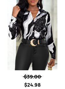 Galaxy Print Shirt Collar White Long Sleeve Blouse