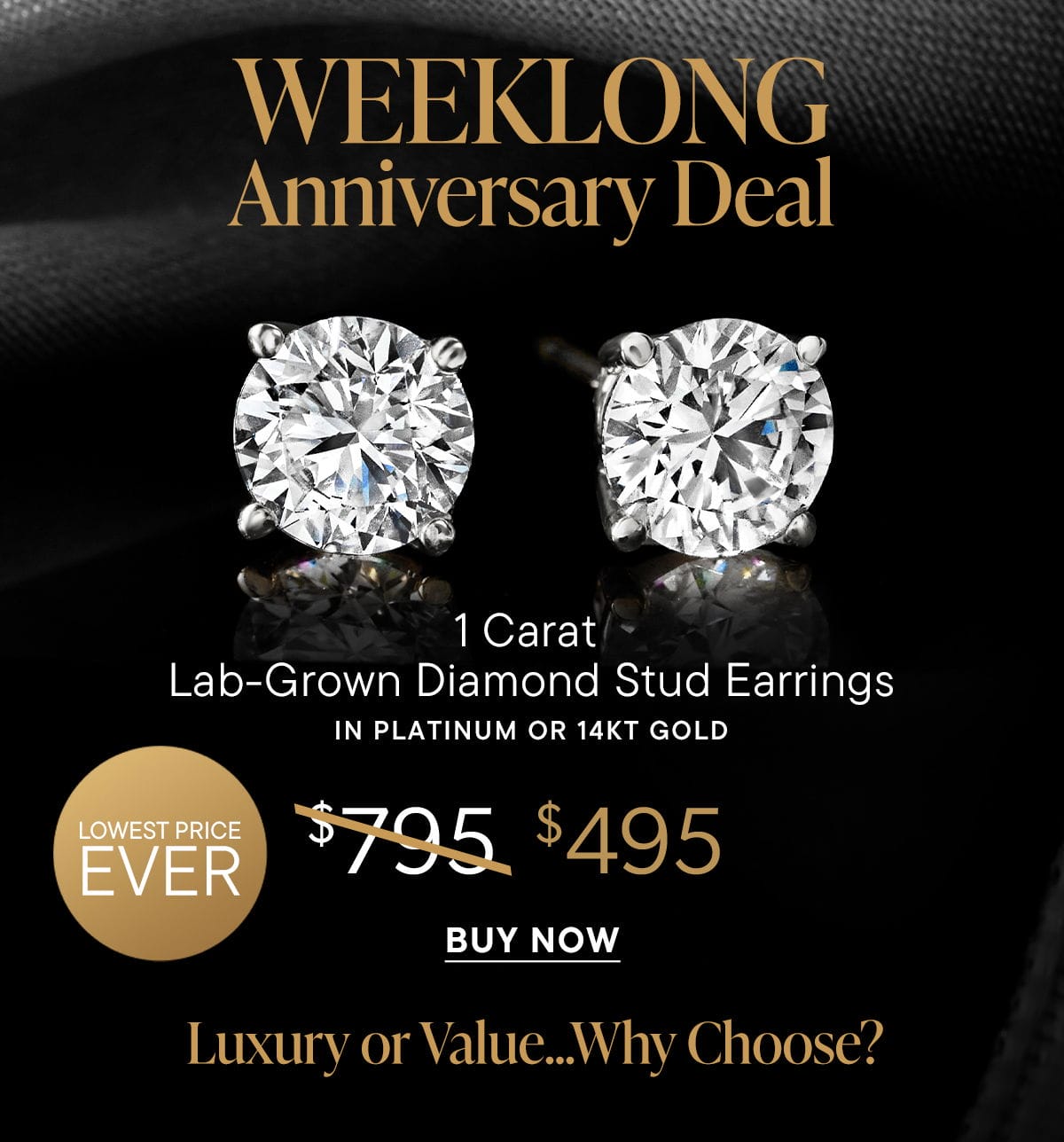 Weeklong Anniversary Deal. 1 Carat Lab-Grown Diamond Stud Earrings. Buy Now