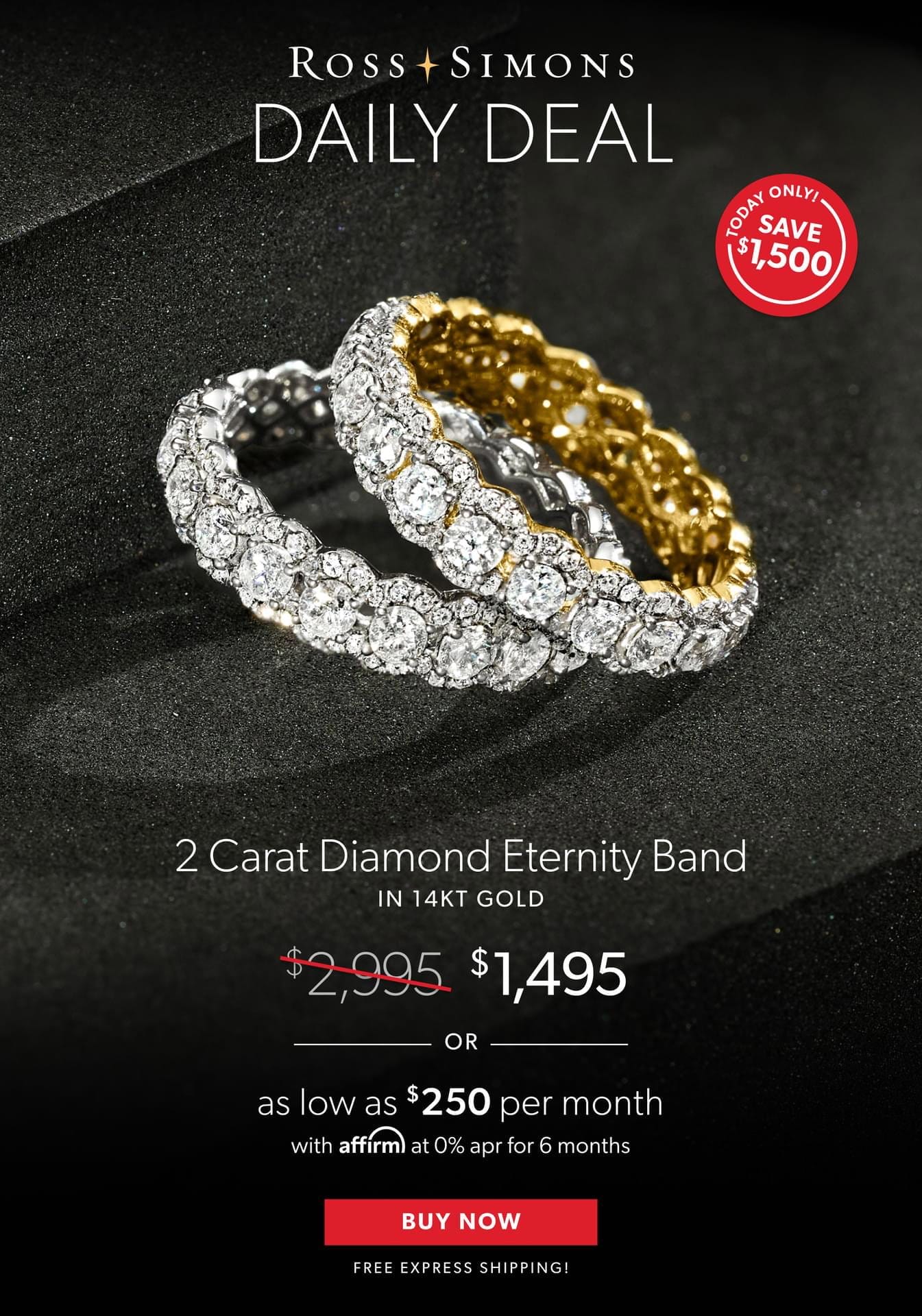 Daily Deal. 2 Carat Diamond Eternity Band in 14kt Gold