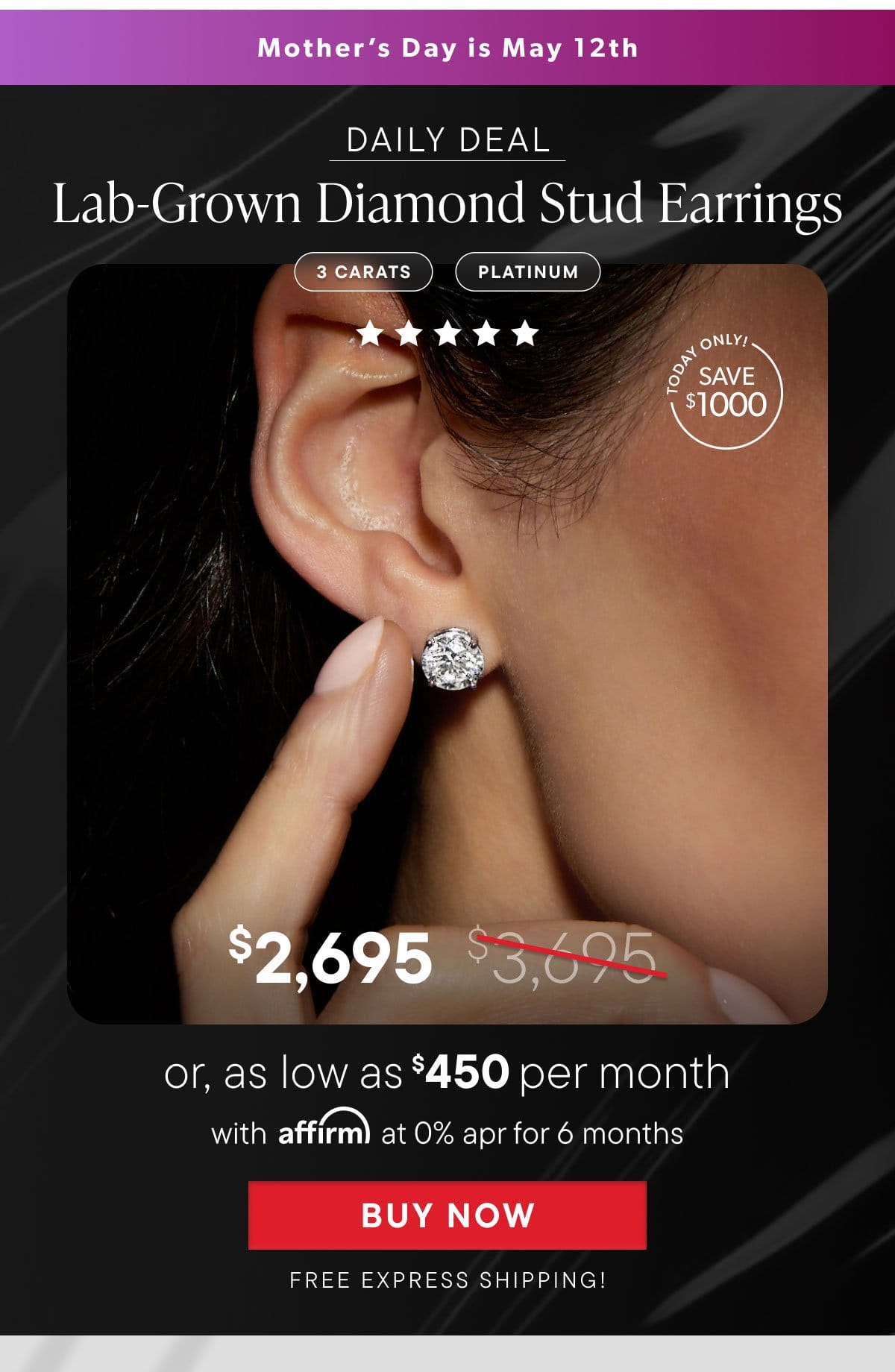 3 Carat Lab-Grown Diamond Stud Earrings in Platinum