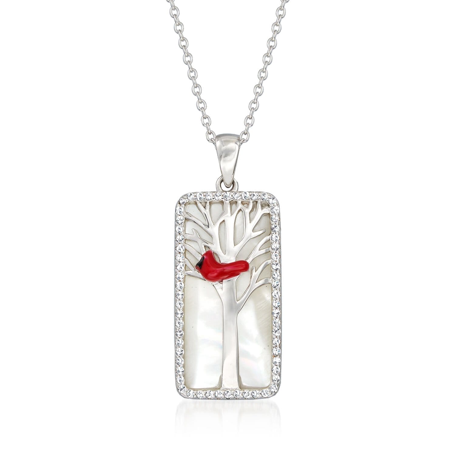 Mother-of-Pearl, .30ct t.w. White Topaz Cardinal Pendant Necklace, Multicolored Enamel. 18"