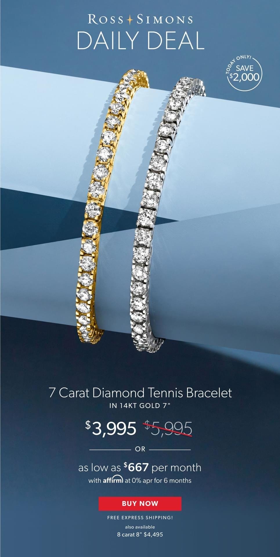 7 Carat Diamond Tennis Bracelet in 14kt Gold