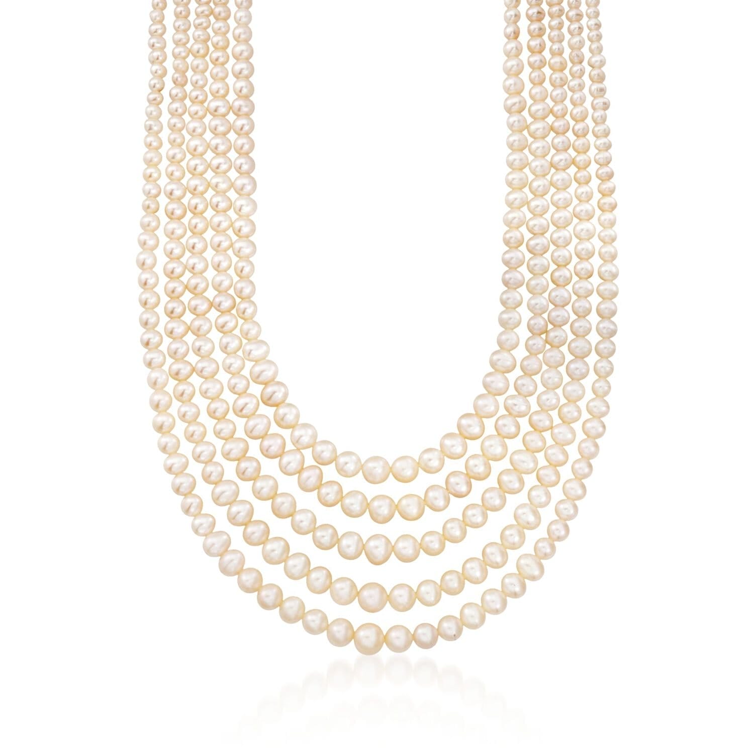 4-8.5mm Cultured Pearl Five-Strand Layered Necklace, Silver. 16"