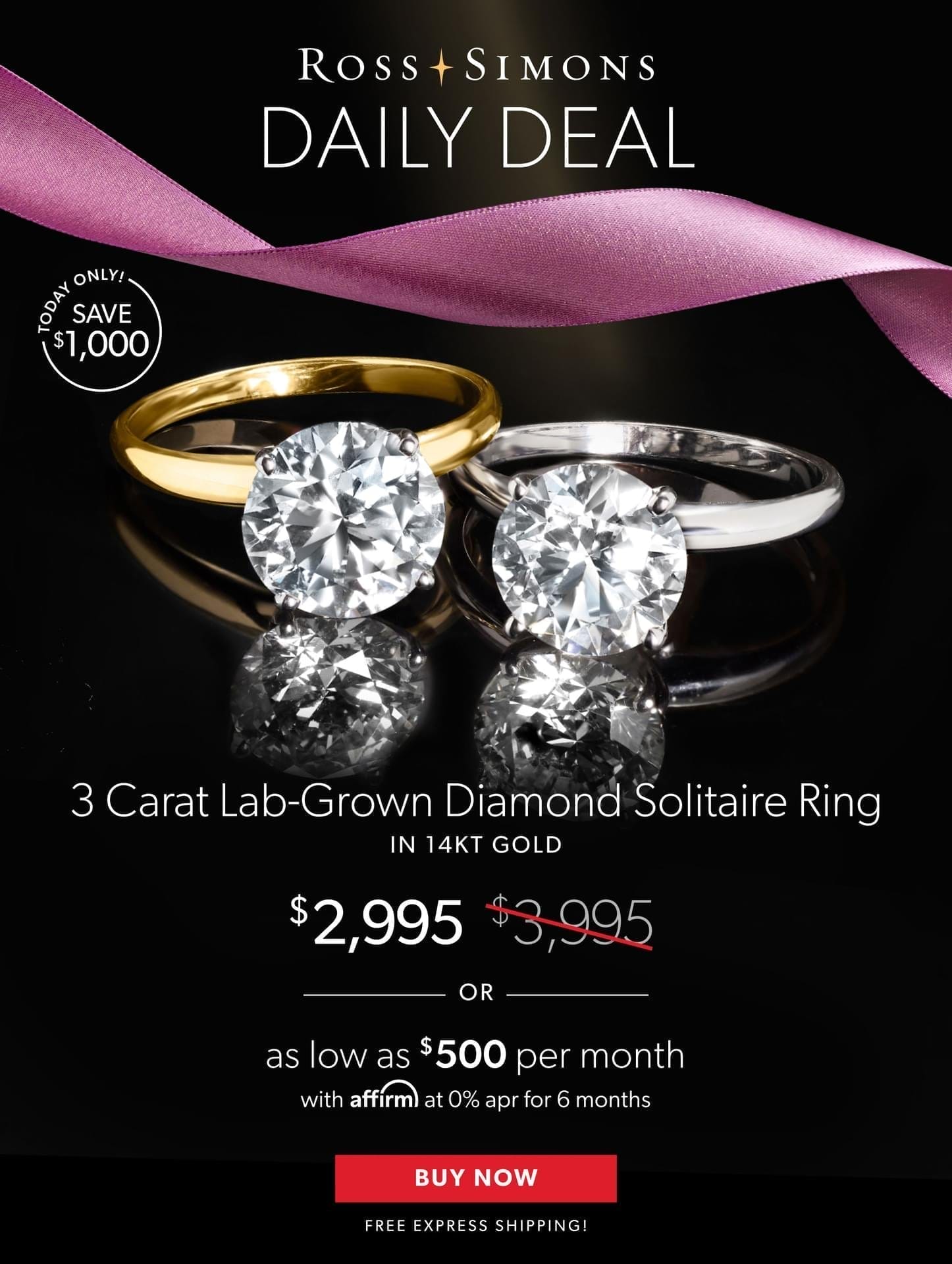 3 Carat Lab-Grown Diamond Solitaire Ring in 14kt Gold