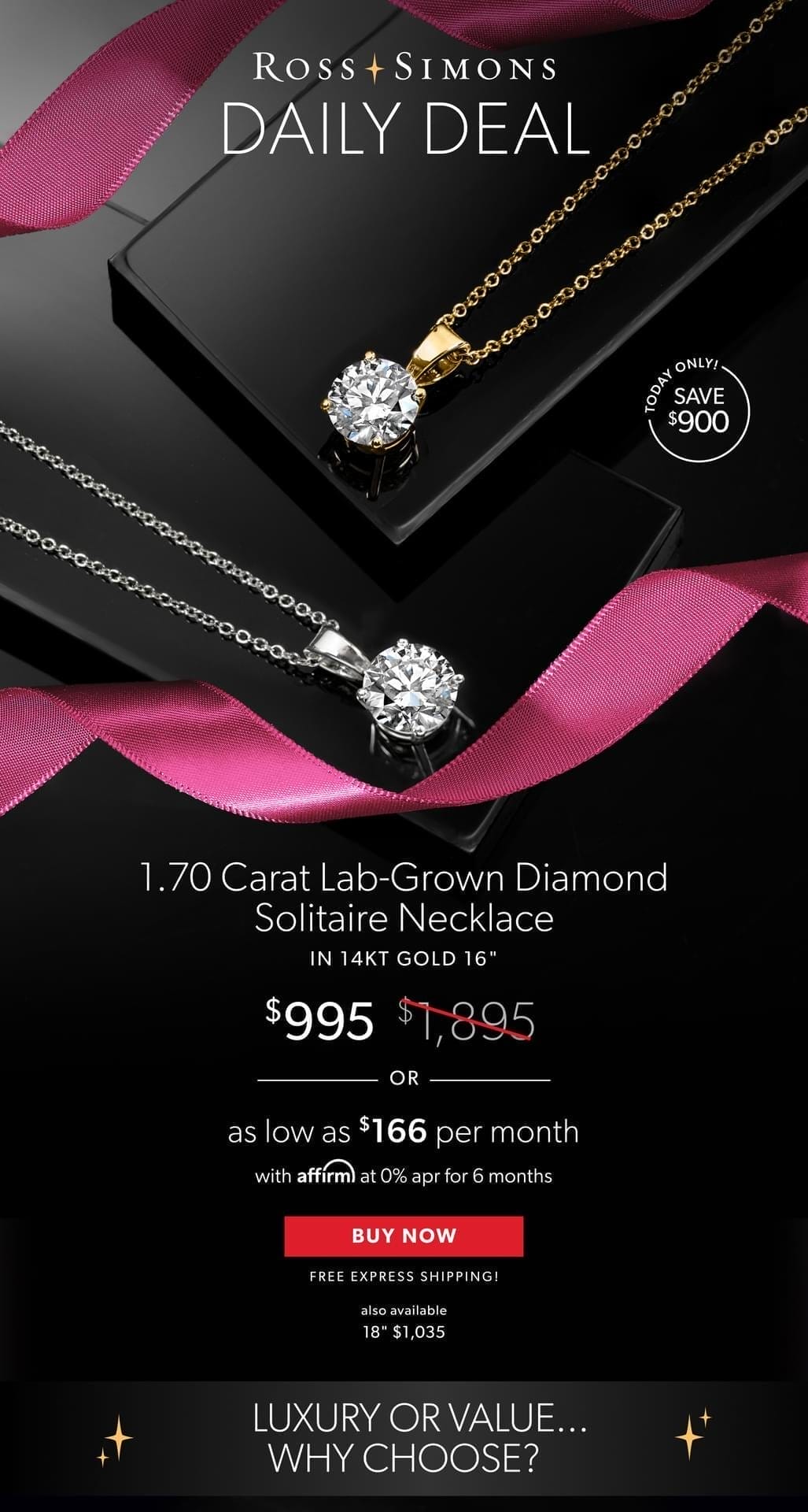 1.70 Carat Lab-Grown Diamond Solitaire Necklace in 14kt Gold 16Inch