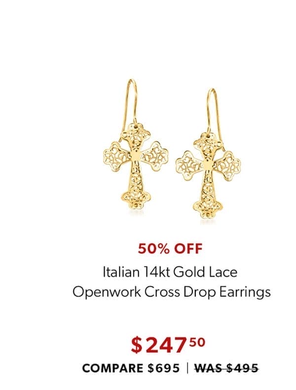 Italian 14kt Gold Lace Openwork Cross Drop Earrings