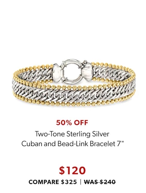 Two-Tone Sterling Silver Cuban and Bead-Link Bracelet