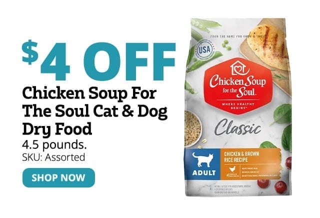 \\$4 Off Chicken Soup for the Soul Dog & Cat Dry Food 4.5lb Bags