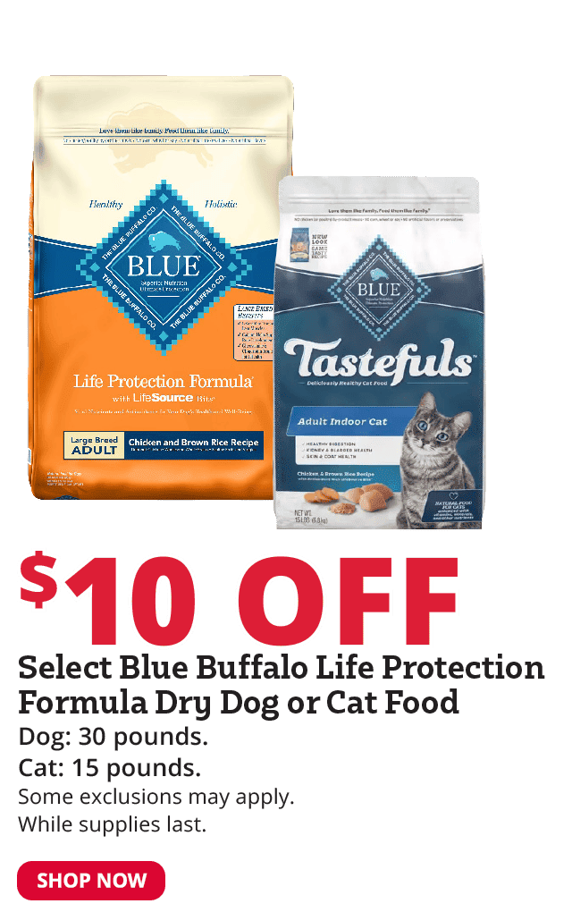 \\$10 Off Select Blue Buffalo Life Protection Dry Dog or Cat Food