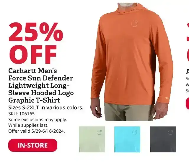 25% Off Carhartt Men's Force Sun Defender Lightweight Long Sleeve Hooded Logo Graphic T-Shirt