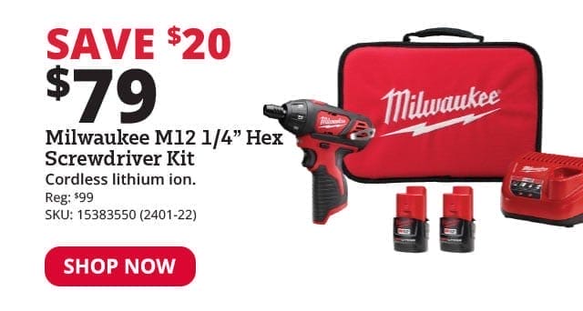 Milwaukee M12™ Cordless Electric 1/4" Hex Screwdriver Kit - 2401-22