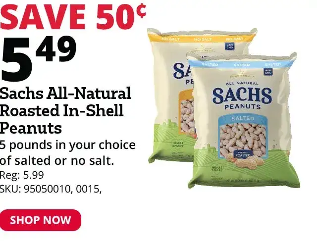 Sachs All-Natural Roasted In-Shell Peanuts 5lb Salted or No Salt