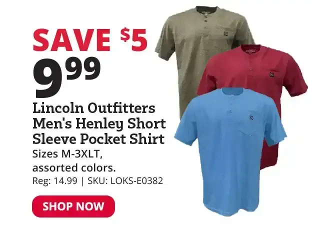 Lincoln Outfitters Men's Henley Short Sleeve Pocket Shirt, Assorted Colors - LOKS-E0382