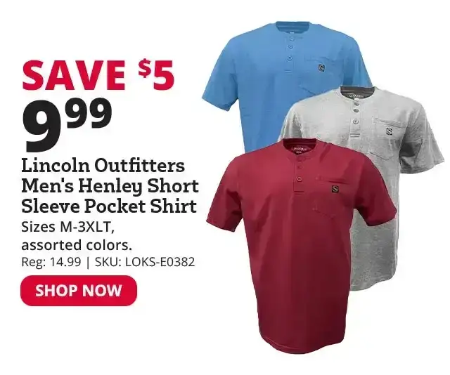 Lincoln Outfitters Men's Henley Short Sleeve Pocket Shirt, Assorted Colors - LOKS-E0382