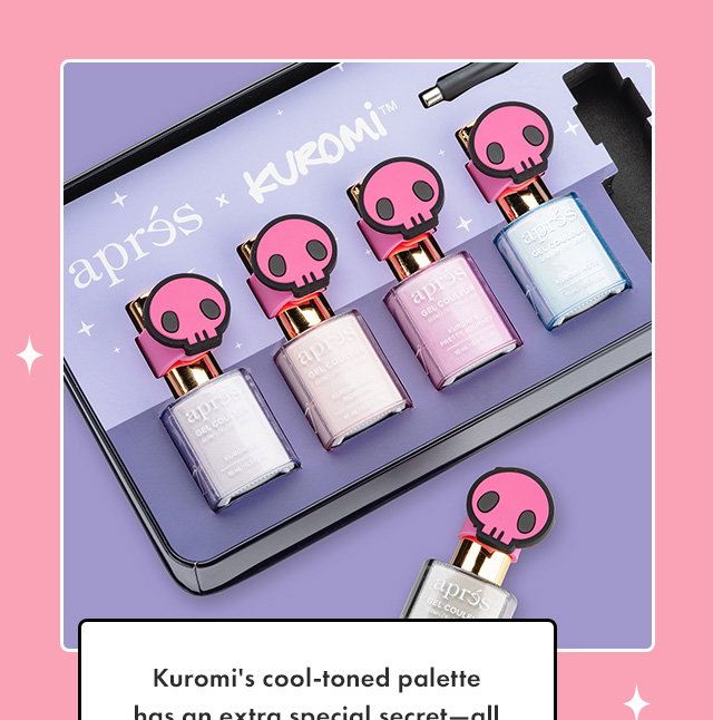 Kuromi's cool-toned palette has an extra special secret—all the colors glow in the dark!