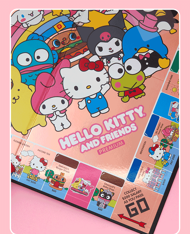 GIF of Monopoly Hello Kitty & Friends Premium Rose Gold Edition.