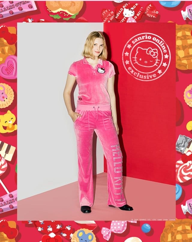 Image of Hello Kitty x Dumbgood Sanrio Online Exclusive Velour Polo and Track Pants.