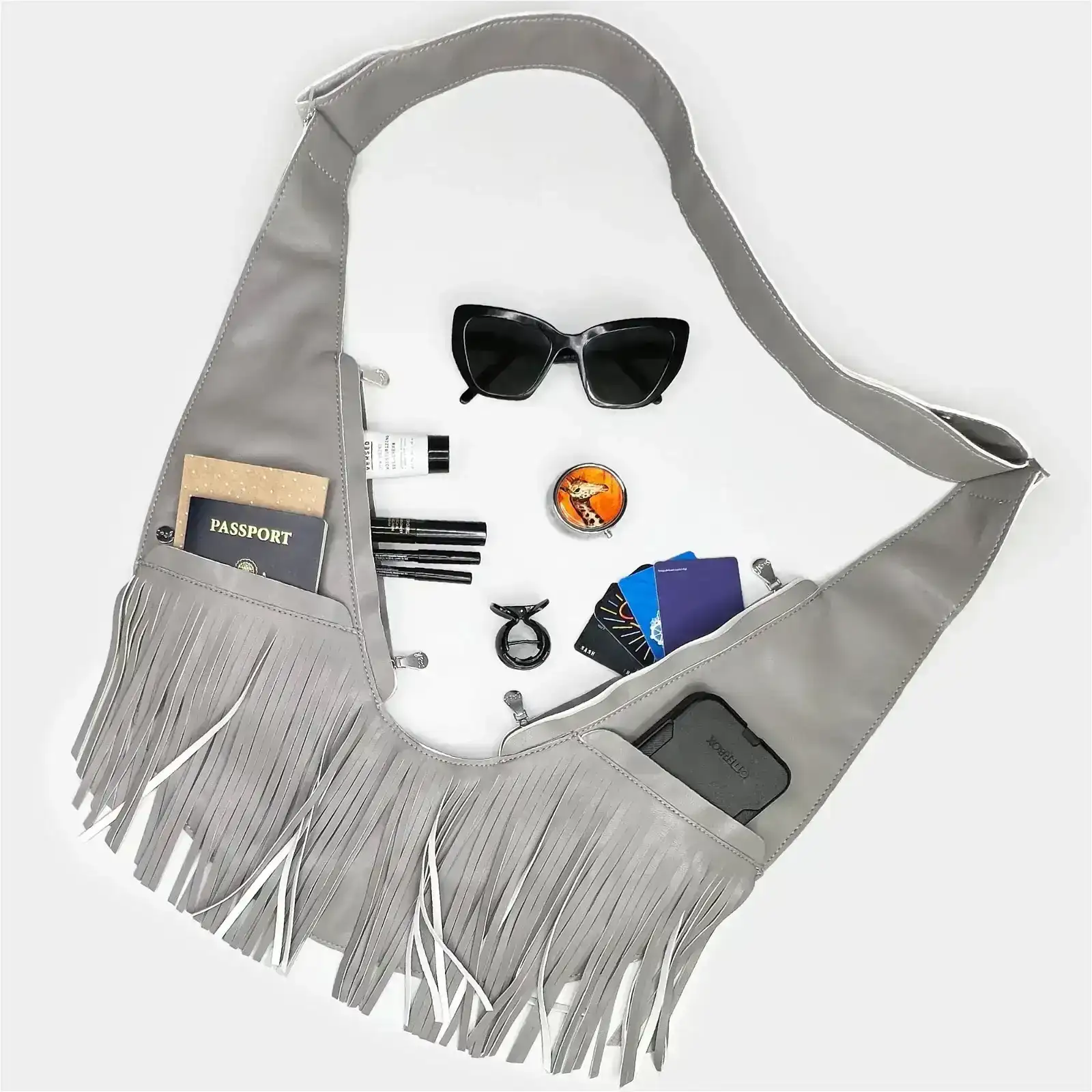 Image of Gray Faux Leather Fringe Sash Bag