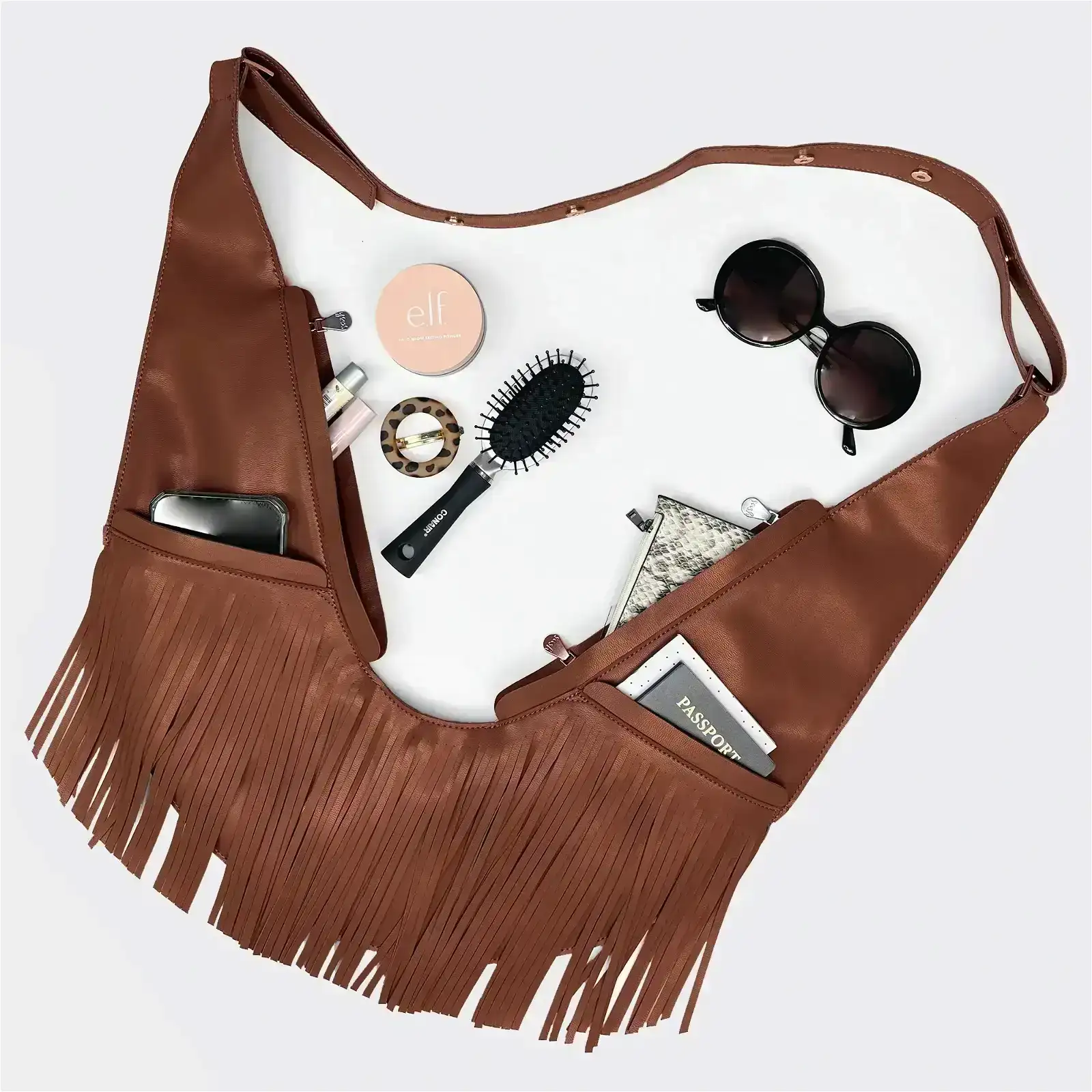 Image of Brown Faux Leather Fringe Sash Bag