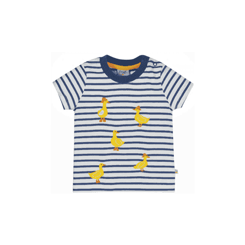 Frugi Ennis Embroidered T-shirt - Navy Blue Stripe/Ducks