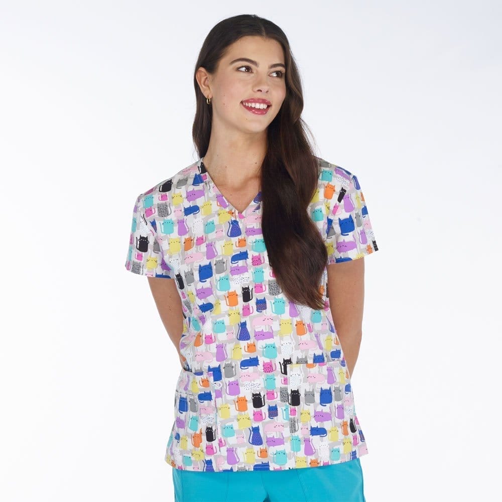 Image of Scrubfinity, 5315-3161M, Ladies V-Neck 2 Pocket Scrub Top, RAINBOW CATS