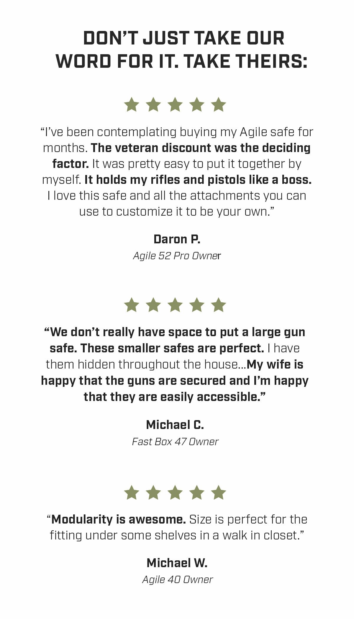 Don't just take our word for it. Take theirs: “I’ve been contemplating buying my Agile safe for months. The veteran discount was the deciding factor. It was pretty easy to put it together by myself. It holds my rifles and pistols like a boss. I love this safe and all the attachments you can use to customize it to be your own.” Daron P. Agile 52 Pro Owner | “We don’t really have space to put a large gun safe. These smaller safes are perfect. I have them hidden throughout the house...My wife is happy that the guns are secured and I’m happy that they are easily accessible.” Michael C. Fast Box 47 Owner | “Modularity is awesome. Size is perfect for the fitting under some shelves in a walk in closet.” Michael W. Agile 40 Owner