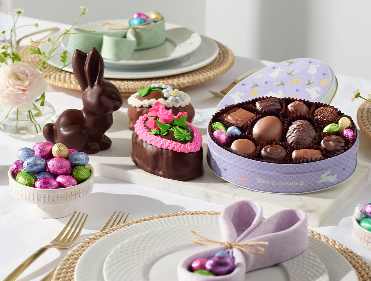 Table Topped with See’s Easter Treats