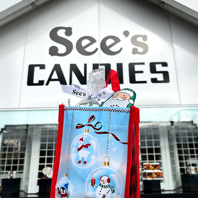 Bag of Holiday Treats in front of a See’s Candies Shop