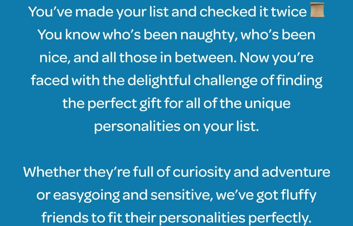 You’ve made your list and checked it twice 📜 You know who’s been naughty, who’s been nice, and all those in between. Now you’re faced with the delightful challenge of finding the perfect gift for all of the unique personalities on your list. Whether they’re full of curiosity and adventure or easygoing and sensitive, we’ve got fluffy friends to fit their personalities perfectly.