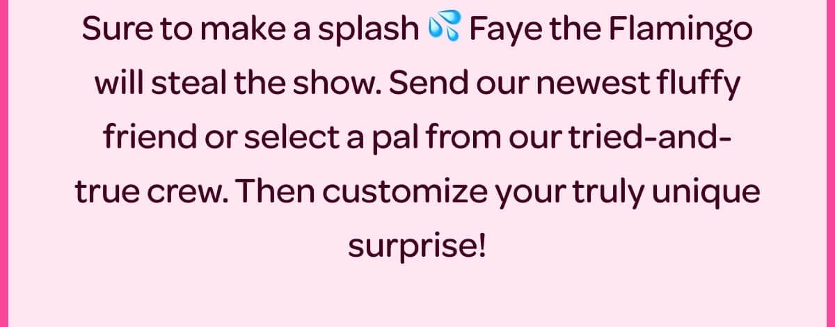 Sure to make a splash 💦 Faye the Flamingo will steal the show. Send our newest fluffy friend or select a pal from our tried-and-true crew. Then customize your truly unique surprise!