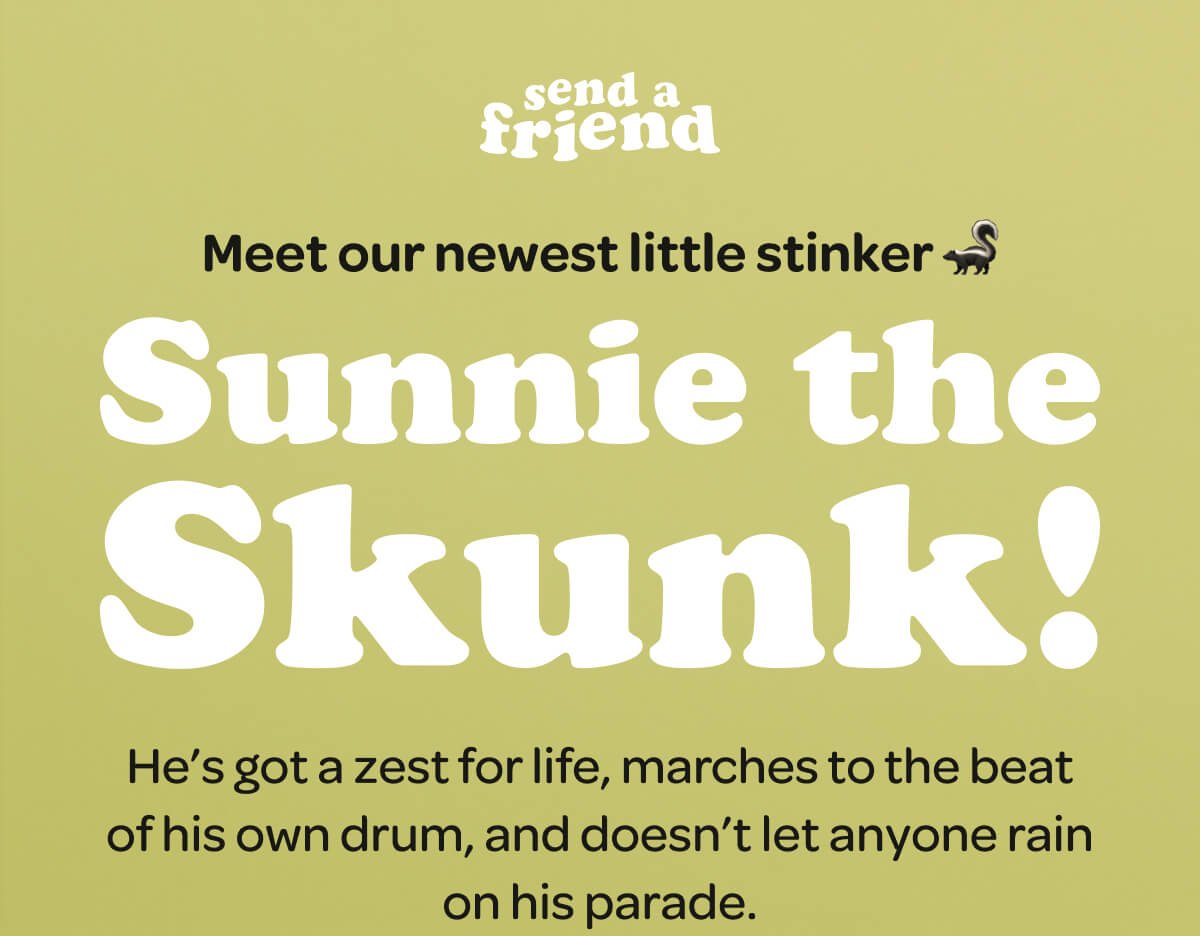 Meet our newest little stinker \U0001f9a8 Sunnie the Skunk! He’s got a zest for life, marches to the beat of his own drum, and doesn’t let anyone rain on his parade.