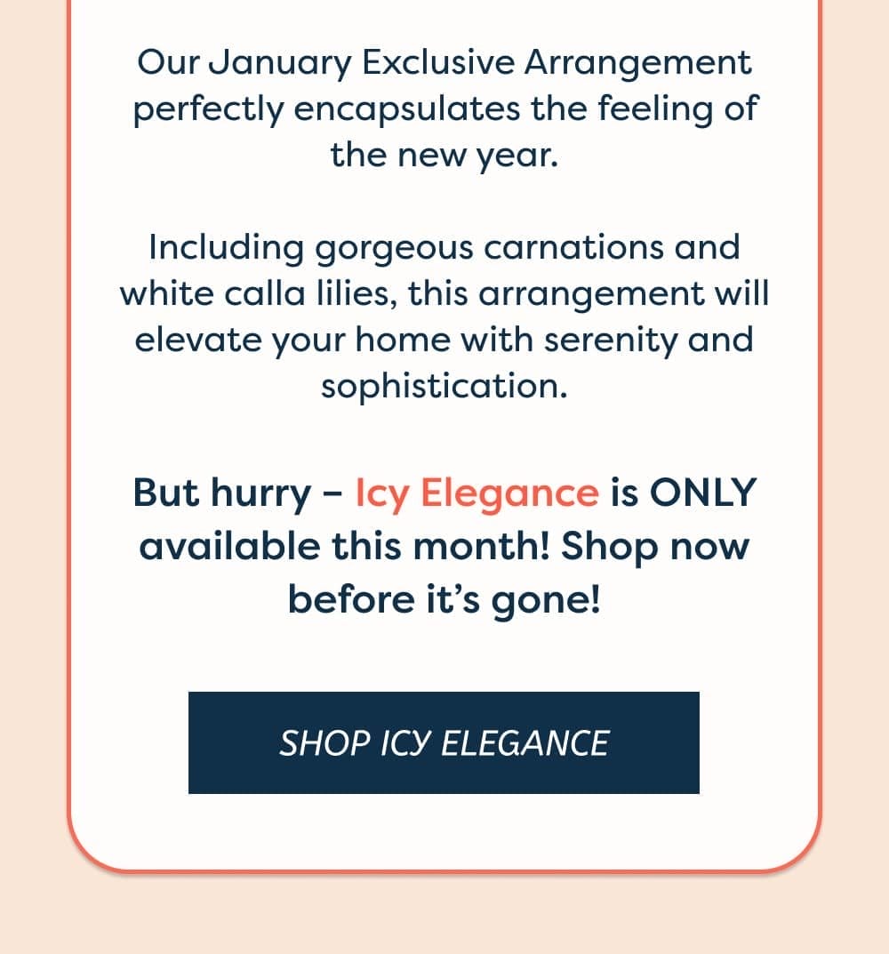 Our January Exclusive Arrangement perfectly encapsulates the feeling of the new year. Including gorgeous carnations and white calla lilies, this arrangement will elevate your home with serenity and sophistication. But hurry – Icy Elegance is ONLY available this month! Shop now before it’s gone! [Shop Icy Elegance]