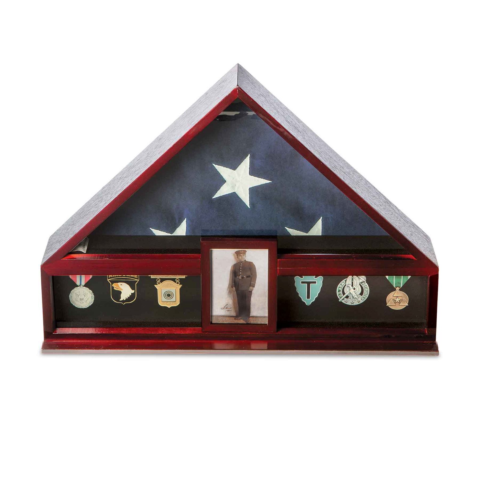 Image of Cherry Wood Military Flag and Medal Display Case